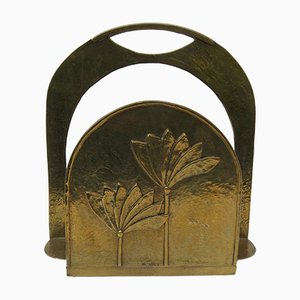 Brutalist Style Brass Magazine Rack with Floral Elements, 1970s