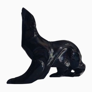 Statuetta grande Art Déco a forma di orso polare nero con sfumature petrolio di Desbarbieux, anni '20