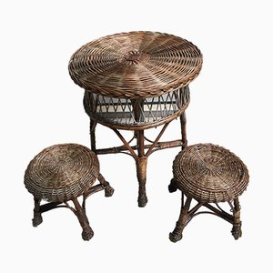 Table and 2 Wicker Stools 1960s, Set of 3