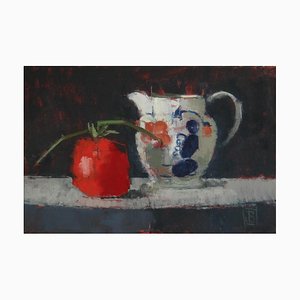 Jarra Gaudy con tomate, Bodegón contemporáneo, óleo sobre lienzo, 2018