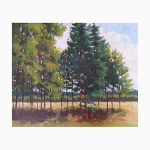 Borde de los árboles, paisaje inglés contemporáneo, enmarcado en óleo sobre lienzo, 2018