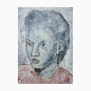 Mujer de azul; Pintura al óleo figurativa contemporánea, Sax Berlin, 1997