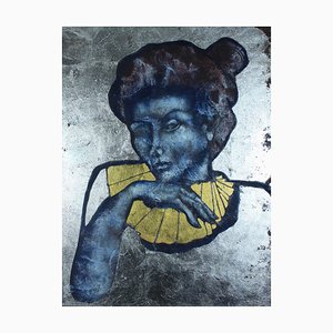 El poeta, Pintura al óleo figurativa contemporánea en técnica mixta, Pan de oro y plata, 2018