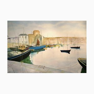 Tranquil Harbour, Grande Peinture à l'Huile de Paysage Contemporain, 2020