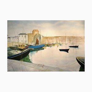 Tranquil Harbour, Large Contemporary Landscape Oil Painting, 2020