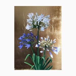 Agapanthus on Gold, Contemporary Mixed Media Floral Painting, 2020