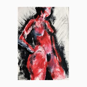 Lady in Red, Technique Mixte Contemporaine sur Papier, 2019