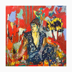 Blue Sari and the Sunflower, Contemporary Abstract Expressionist Oil Painting, 2020