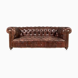 20th Century Brown Leather Chesterfield Sofa with Button Down Seats