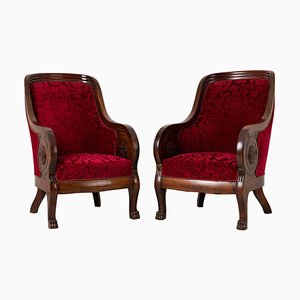 Empire Style Mahogany and Red Velvet Armchairs, Set of 2