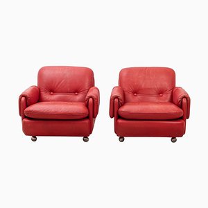 Set of Lombardia Red Leather Armchairs by Risto Holme for IKEA