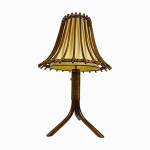 Lampada da tavolo Mid-Century in teak e vimini, anni '70