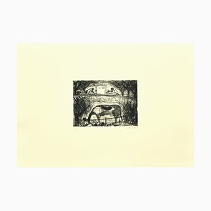 Nazareno Gattamelata, Figures on the Bridge, Original Etching on Paper, 1985