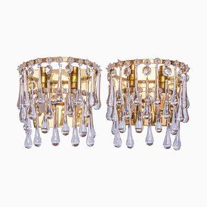 Vintage Teardrop Wall Sconces in Crystal Glass & Brass, 1960s, Set of 2