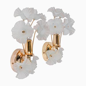 Hibiscus Brass Wall Sconces with Glass Flowers, Italy, 1970s, Set of 2