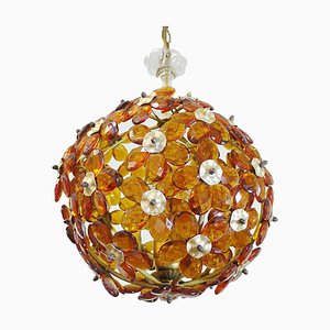 Lustre en Ambre et Laiton avec Fleurs en Cristal de Maison Bagues, 1950s, France