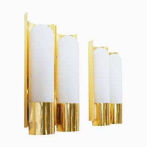 Double Wall Lights in Opaline Glass & Brass, 1970s, Germany, Set of 2