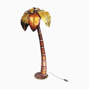 Brutalist Hollywood Regency Palm Tree Floor Lamp in Brass & Glass, 1970s