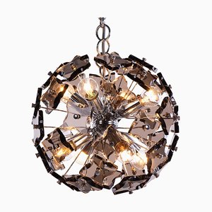 Chandelier in Smoked Murano Glass & Chrome from Fontana Arte, 1960s, Italy
