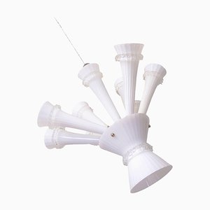 Lustre Trompette Vénitien en Verre Opalin et Laiton, 1960s, Italie