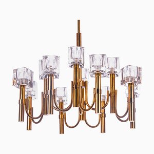 Italian Modernist Cubic 12-Light Chandelier in Glass & Brass by Gaetano Sciolari, 1970s