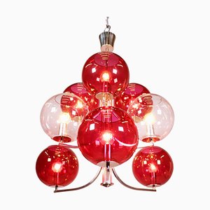 Italian Silver-Plated Sputnik Chandelier with Cranberry Murano Glass Globes, 1960s
