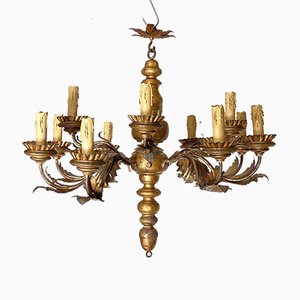 Lámpara de araña antigua de madera y hierro dorado, década de 1700
