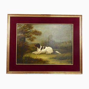 Paesaggio con cane, dipinto ad olio su tela, Inghilterra, XIX secolo