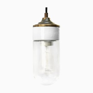 Vintage Industrial Brass, White Porcelain & Striped Glass Pendant Lamp from Holophane