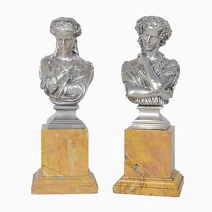 Bustos de bronce plateados de Clesinger para Collas, siglo XIX. Juego de 2