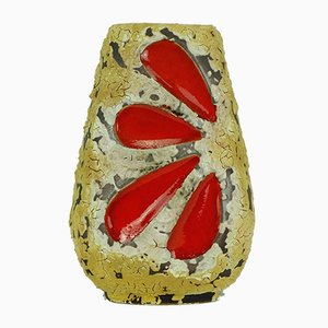 Deutsche Mid-Century Fat Lava Keramikvase mit Beigem Dunkelbraunem Glasur & Rotem Blattdekor von Emons & Soehne