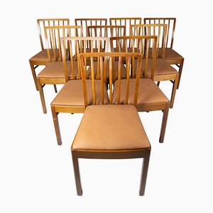 Chaises de Salon en Bois Clair et Cuir Cognac, 1940s, Set de 10