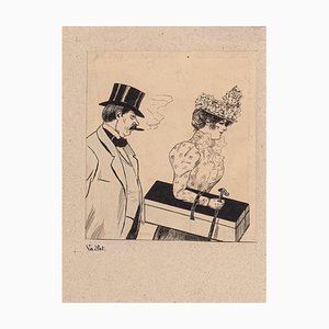 Louis Vallet, The Couple, Original China Tinte und Aquarell Zeichnung, frühe 1900er Jahre