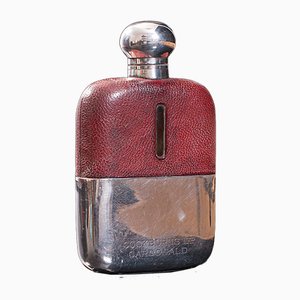 Antique English Leather, Glass and Silver Plated Hip Flask Celebration Gift, 1920