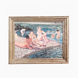 Painting of Women on the Beach at Pegli by Valente Assenza