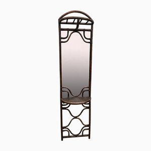 Appendiabiti alto in vimini con specchio e due mensole, anni '70