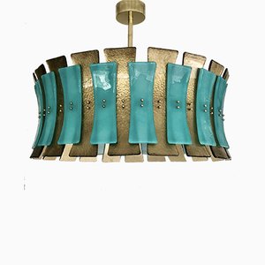 Mid-Century Round Aqua Green & Gold Murano Glass and Brass Chandelier, 1970s