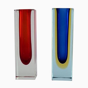 Murano Vases in Clear, Red and Blue Mouth Blown Art Glass, Set of 2