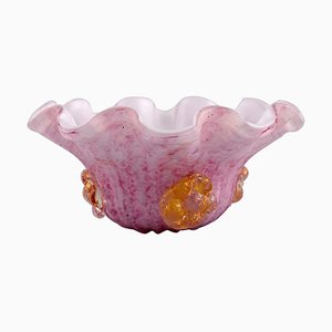 Wavy Murano Bowl in Pink and White Mouth Blown Art Glass with Gold Decoration