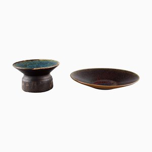 Candlestick and Dish in Glazed Ceramics by Henning Nilsson for Höganäs, 1960s, Set of 2