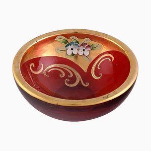 Bowl in Red Mouth-Blown Art Glass with Hand-Painted Flowers and Gold Decoration