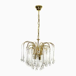 Waterfall Chandelier in Brass with 53 Clear Murano Glass Crystal Drops, 1960s
