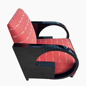 Fauteuil Club Art Déco, Laque Noire et Tissu Rouge, France circa 1930