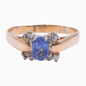 Bague 14k Vintage en Or avec Tanzanite Central et Diamants, 1970s