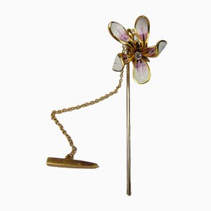 Pin Vintage en Or et Email avec Diamant Taille Brillante Représentant une Fleur d'Orchidée. 1950s