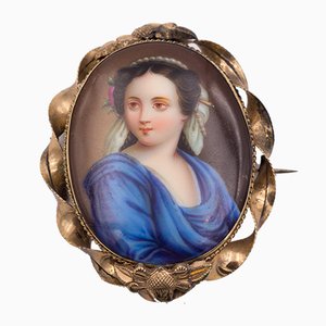 Antique 14k Gold Brooch with Miniature on Porcelain, Late 18th Century