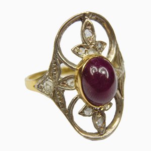 Vintage Ring in Gold & Silber mit Diamanten in Cabochon-Optik & kleinen Rosettenröschen, 1940er