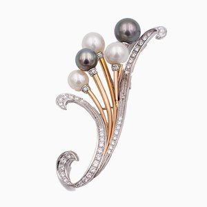 Vintage Two-Tone Gold Brooch with Diamonds and Pearls, 1960s