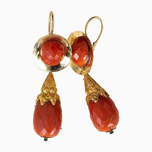Antique 14K Gold Earrings with Coral, Mid-18th Century, Set of 2