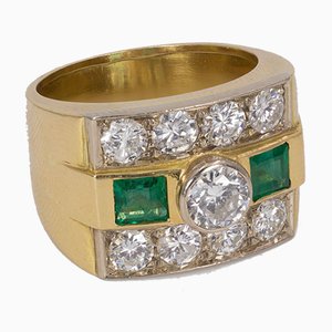Anello vintage in oro 18k con diamanti tagliati e smeraldi, anni '60